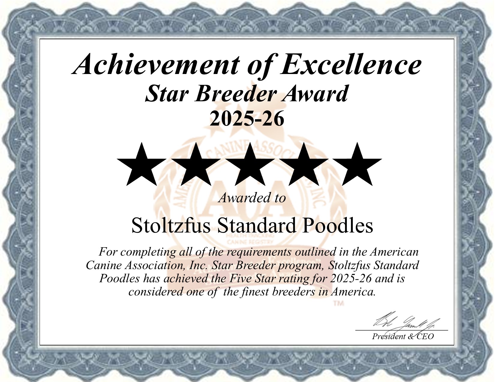 Stoltzfus Standard, Poodles, dog, breeder, star, certificate, Stoltzfus Standard-Poodles, Christiana, PA, Pennsylvania, puppy, dog, kennels, mill, puppymill, usda, 5-star, aca, ica, registered, Standard Poodle